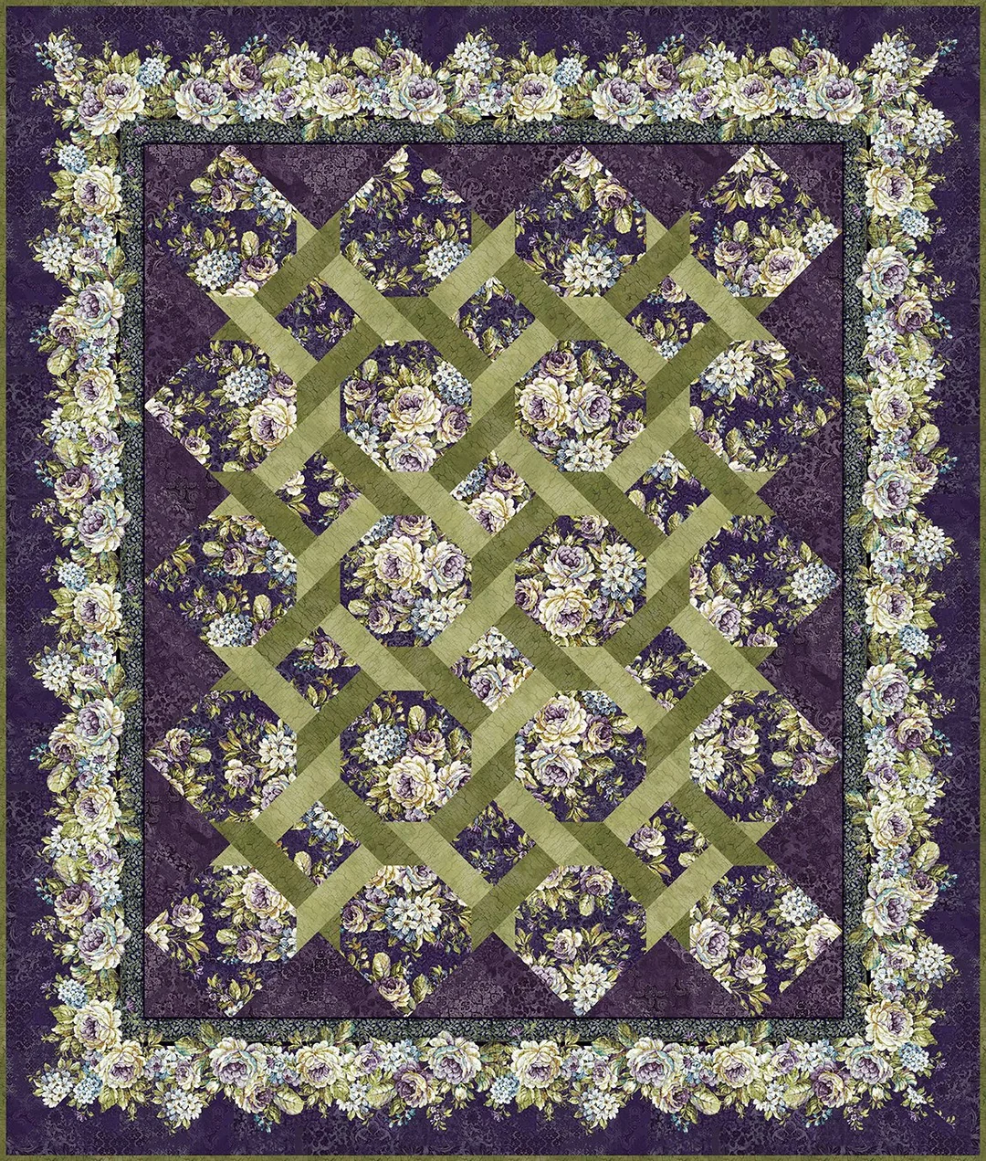 Carpet Bag Romance Garden Twist Queen Quilt Kit Purple by Jason Yenter for In The Beginning Queen Size 98"X109" Pattern Included