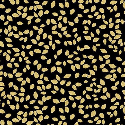 Metallic Mixers by Greta Lynn for Kanvas 7732M-99 Black/Gold Scattered Leaves sold by the 1/2 yd.