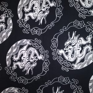 White Dragon Medallions on Black No info available sold by the 1/2 yd.