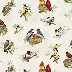 Beautiful Birds by Elizabeth's Studio 4310-Cream sold by the 1/2 yds.