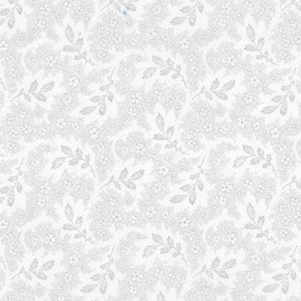Whisper Prints 3 by Robert Kaufman 15870-304 Shadow sold Grey Leaves and Twigs on White by the 1/2 yd.