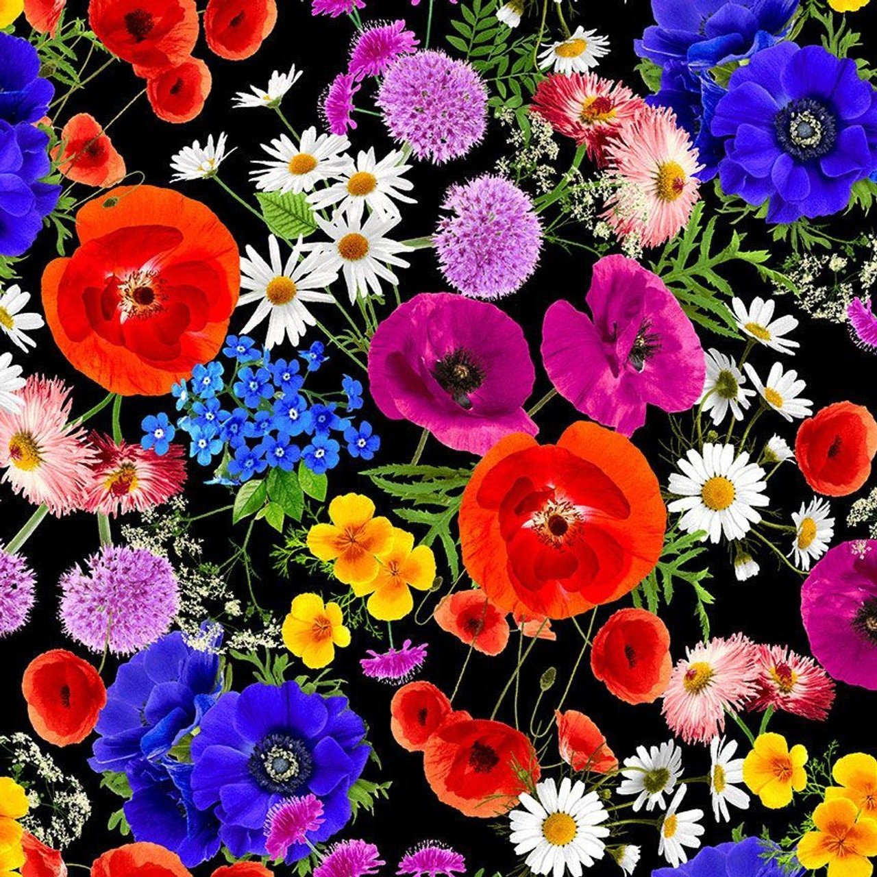 Floral Forest Colorful Brights  by Chong-a Hwang for Timeless Treasures CD 1821 Black one yard remnant