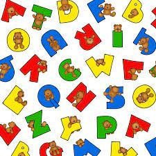 Alpha Bears Tossed Letters by Marie Cole for Henry Glass Fabrics 6651-87 White sold by the 1/2 yd.