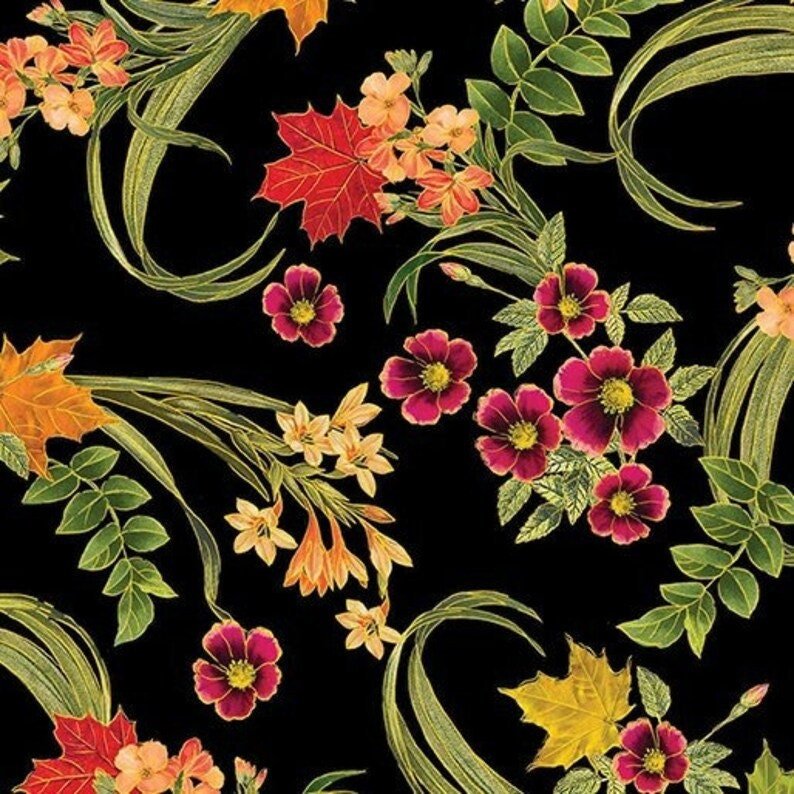 Harvest Festival by Greta Lynn for Benartex 14040M-12 Harvest Garden Black sold by the 1/2 yd.