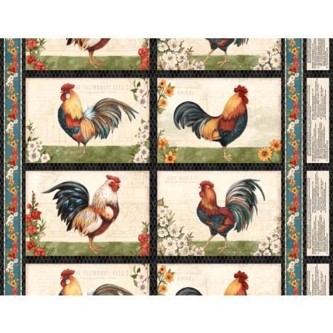 Garden Gate Roosters by Susan Winget for Wilmington Prints 39810-194 Placemat Multi 4 Blocks per Panel