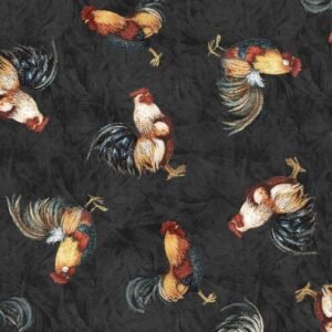 Garden Gate Roosters by Susan Winget for Wilmington Prints 39813-993 Chicken All Over Black sold by 1/2 yd.