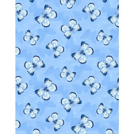 Blooming Blue Butterfly Toss by Wilmington Prints 27691-444 Med. Blue sold by the 1/2 yd.