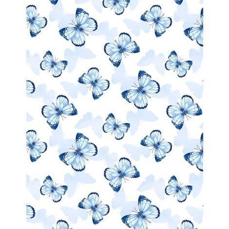 Blooming Blue Butterfly Toss by Wilmington Prints 27691-144 White sold by the 1/2 yd.