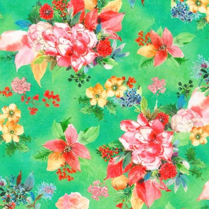 Yuletide Bouquet by lauren Wan for Robert Kaufman 21783-32 Mint sold by the 1/2 yd.