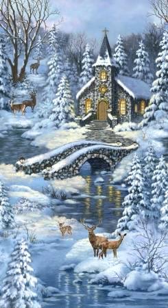 Church In The Forest Panel by Timeless Treasures C8662-Blue 24"X44"