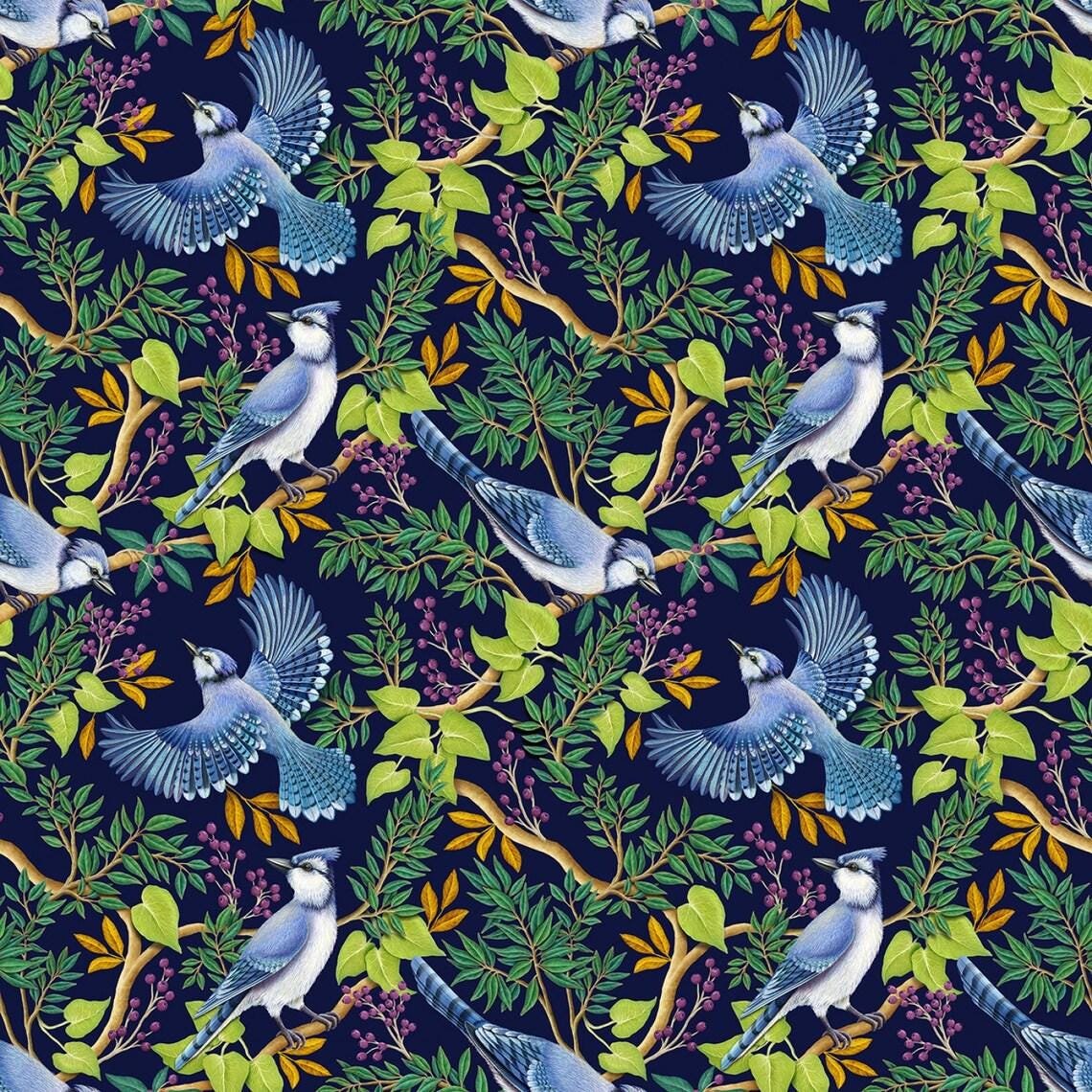 Blue Jays in Trees by Rosie Dore for Timeless Treasures 2276 Navy sold by the 1/2 yd.