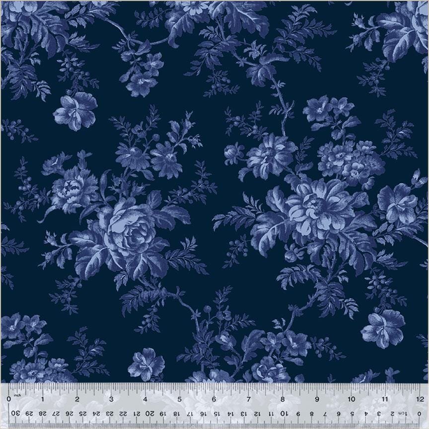 Jasper Blue Flower Picking  Hedge by Whistler Studios for Windham Fabrics 54367-2 Indigo sold by the 1/2 yd.