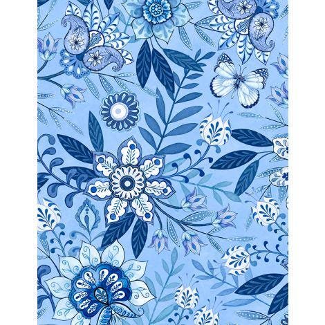 Blooming Blue Large Floral by Wilmington Prints 27689-440 All over Medium Blue one yard 33" remnant