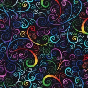 Rainbow Scrolls on Black by Timeless Treasures 1660-7244 sold by the 1/2 yd.