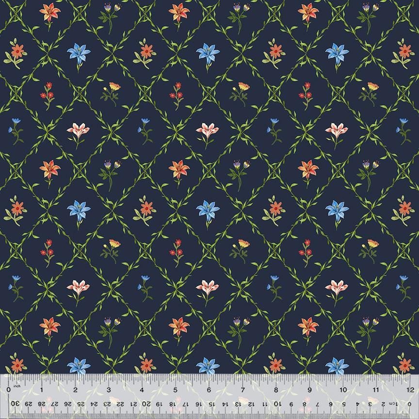 Lily Lattice Garden by Whistler Studios for Windham Fabrics 54556-5 Navy sold by the 1/2 yd.