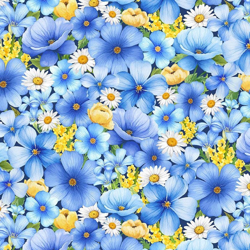 Bee and Bee kind Medium Packed Floral by Timeless Treasures FLEUR CD3258 Blue sold by the 1/2 yd.
