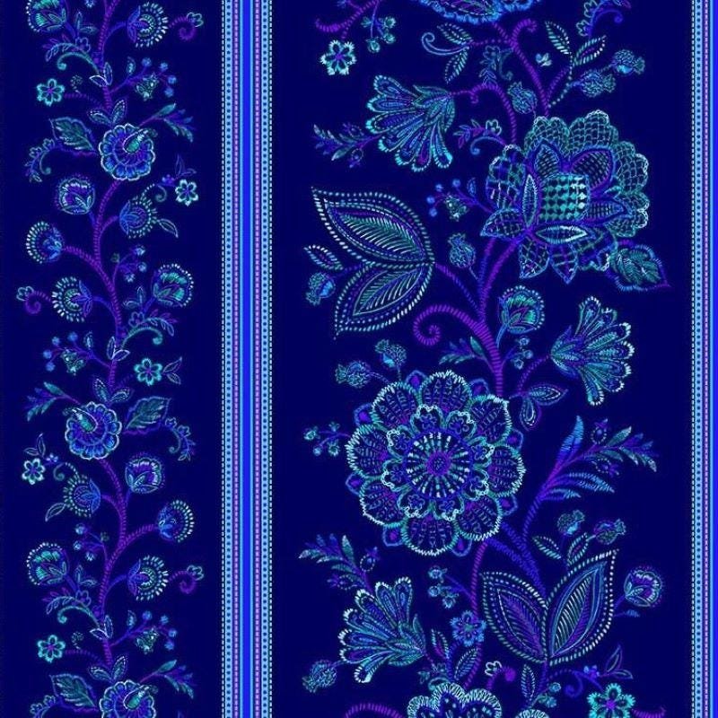 Indigo Garden Border Stripe by Timeless Treasures CD3412 Sapphire sold by the 1/2 yd.