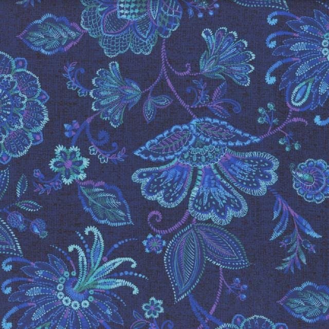 Indigo Garden Large Jacobean Floral by Timeless Treasures CD3411 Navy sold by the 1/2 yd.