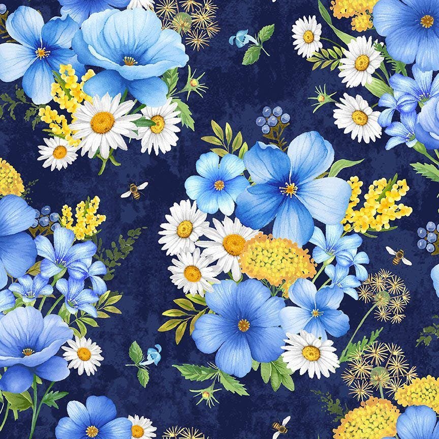 Bee & Bee Kind Floral Bouquet by Timeless Treasures CD3256 Navy sold by the 1/2 yd.
