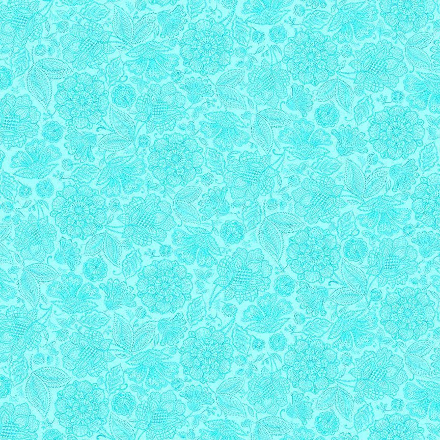 Indigo Garden Packed Jacobean Toile by Timeless Treasures CD3414 Aqua sold by the 1/2 yd.