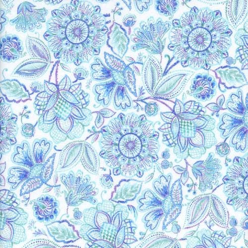 Indigo Garden Packed Jacobean Floral by Timeless Treasures CD3413 White one yard 10" remnant
