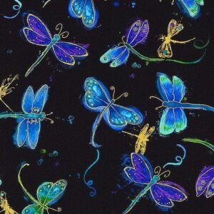 Fly By Night Dragonflies by Chong-A Hwang for Timeless Treasures 1976-7409 Black sold by the 1/2 yd.