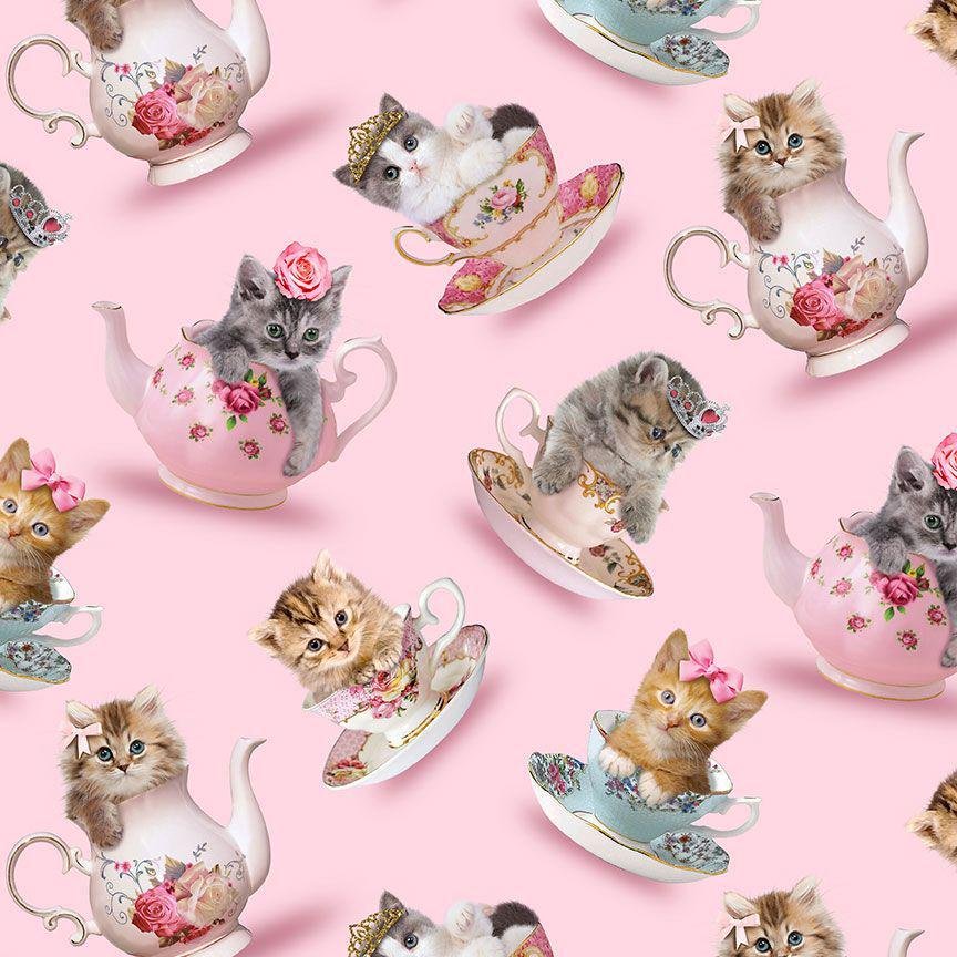 Teacup Kitty by Timeless Treasures CAT-CD3578 Pink sold by the 1/2 yd.