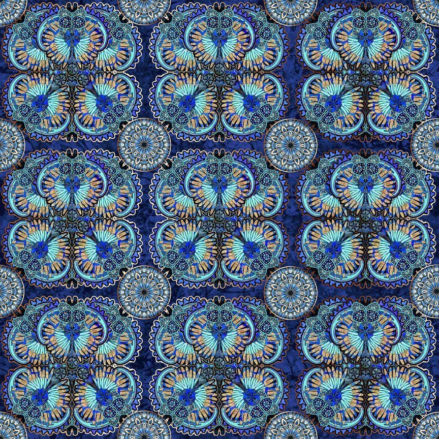 Pharaoh Medallion Toss by Dan Morris for Q.T. Fabrics 29743Y Blue sold by the 1/2 yd.