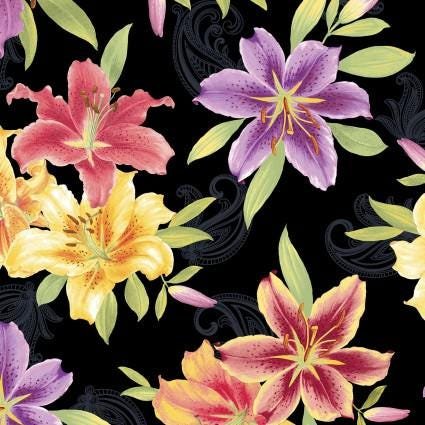 Lilyanne by Ann Lauer for Benartex 6720-99 Black 33" remnant