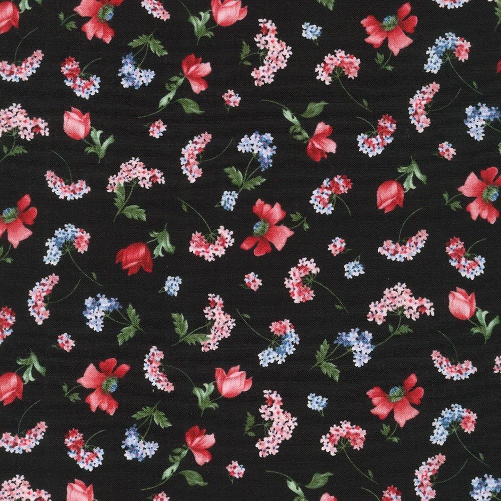 Softly from Flowerhouse Collection by Debbie Beaves for Robert Kaufman 21701-2 Black sold by the 1/2 yd.