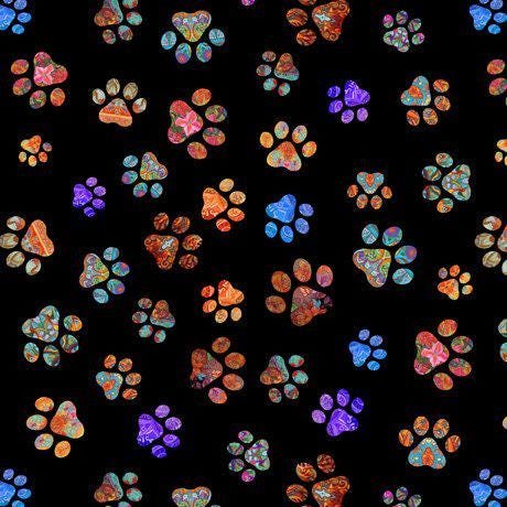 Kitties Paw by Morris Creative Group for QT Fabrics 30381-J Black sold by the 1/2 yd.