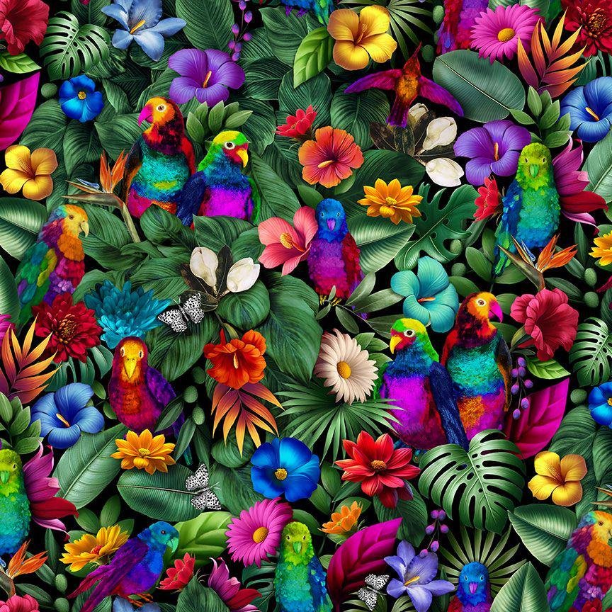 Tropical Floral and Birds by Timeless Treasures CD 3744 Forest sold by the 1/2 yd.