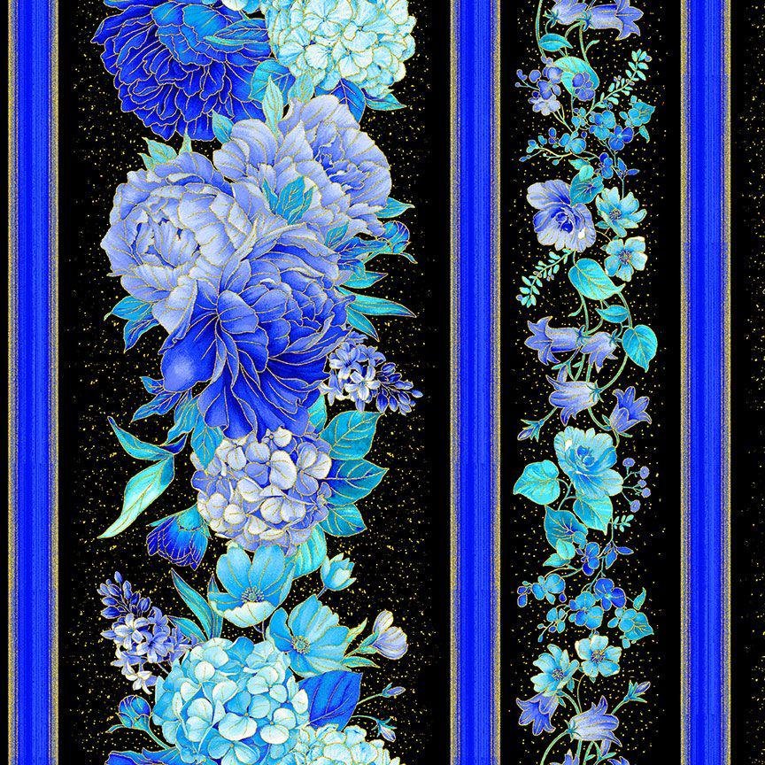 Escapade Floral Metallic 11" Stripes by Chong-a Hwang CM 3792 Black sold by the 1/2 yd.
