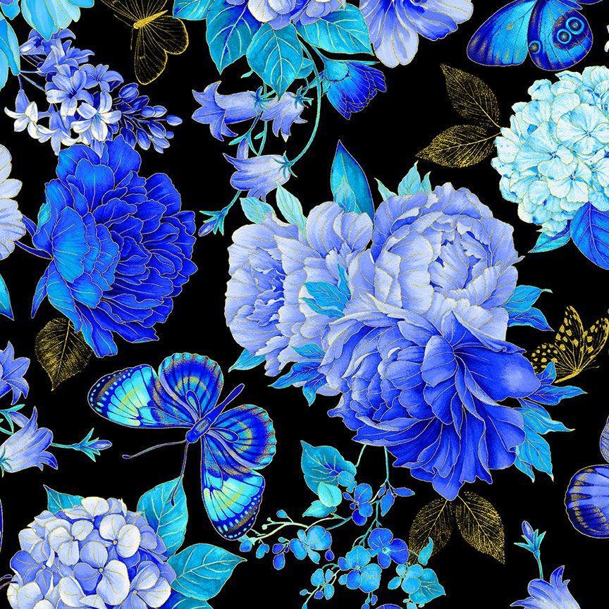 Escapade Butterfly Floral Metallic  by Chong-a Hwang for Timeless Treasures CM 3791 Black sold by the 1/2 yd.