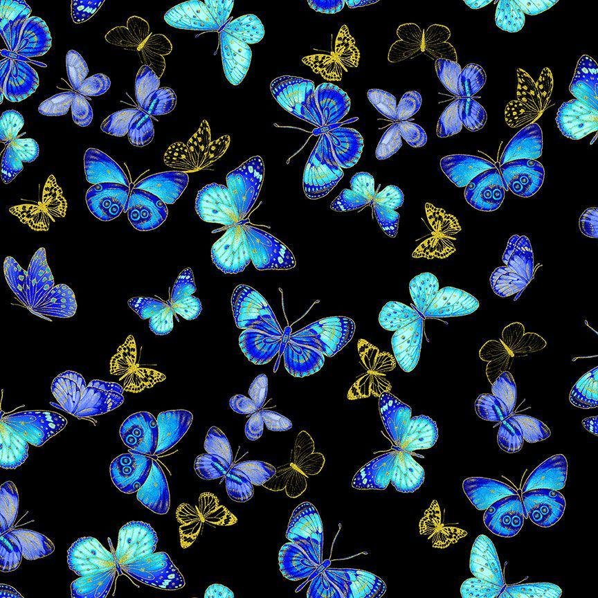 Escapade Flying Metallic Butterflies by Chong-a Hwang for Timeless Treasures CM3796 Black sold by the 1/2 yd.