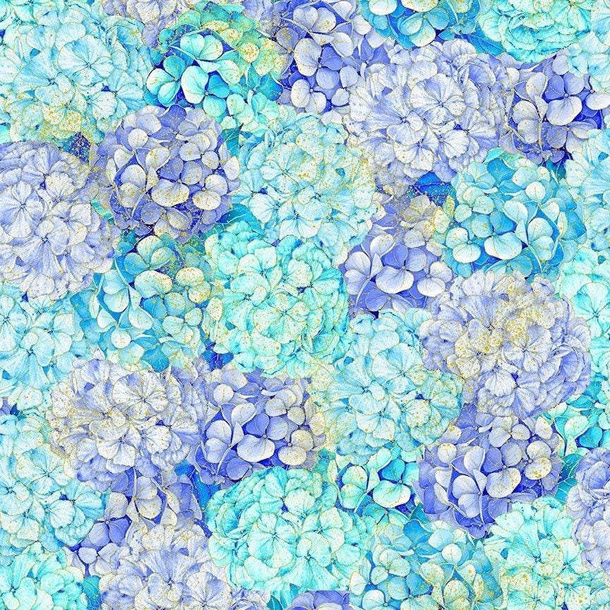 Escapade Packed Metallic Hydrangeas by Chong-a Hwang for Timeless Treasures CM3794 Blue sold by the 1/2 yd.