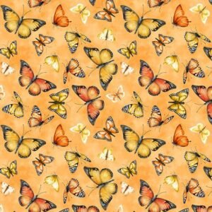 Dahlia Botanica Butterflies by Nancy Mink for Wilmington Prints 33926-858 Orange sold by the 1/2 yd.