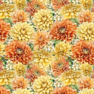 Dahlia Botanica Packed Floral by Nancy Mink for Wilmington Prints 33924-587 Yellow/Orange sold by the 1/2 yd.