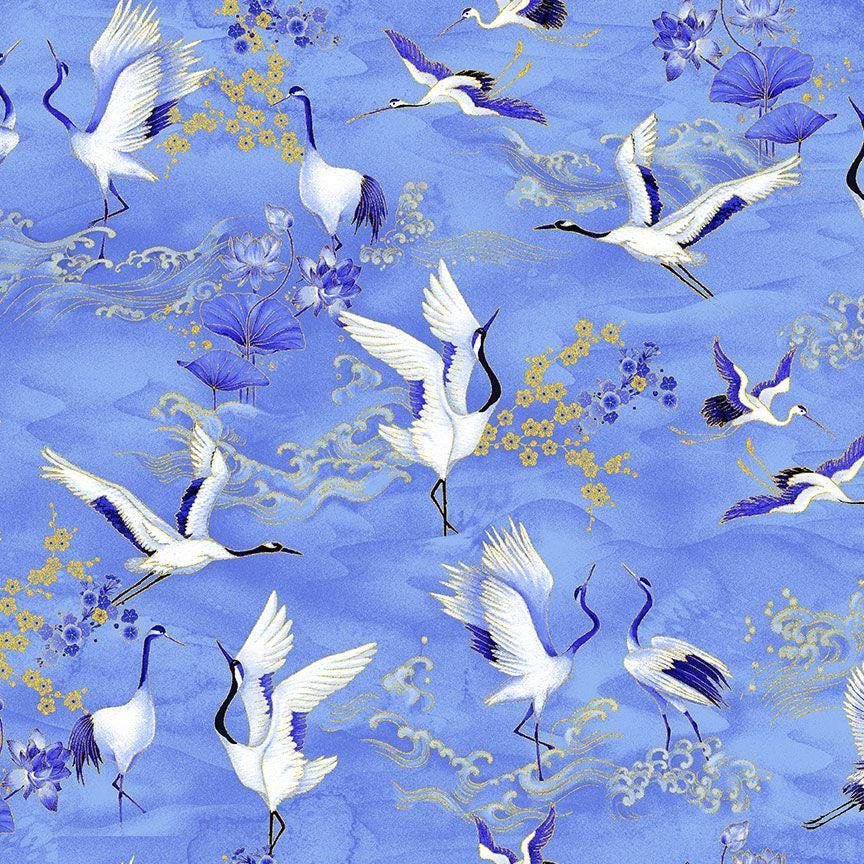 Moonlight Asian Crane Metallic by Chong-a Hwang for Timeless Treasures LOTUS-CM3986 Sea sold by the 1/2 yd.