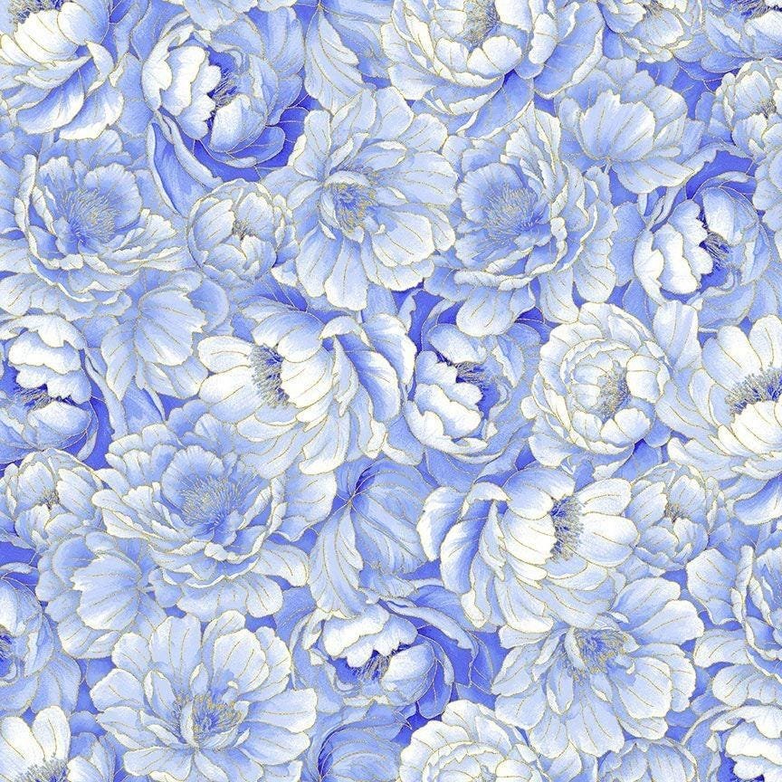 Moonlight Floral Packed Metallic by Chong-a Hwang for Timeless Treasures LOTUS-CM3983 Blue sold by the 1/2 yd.