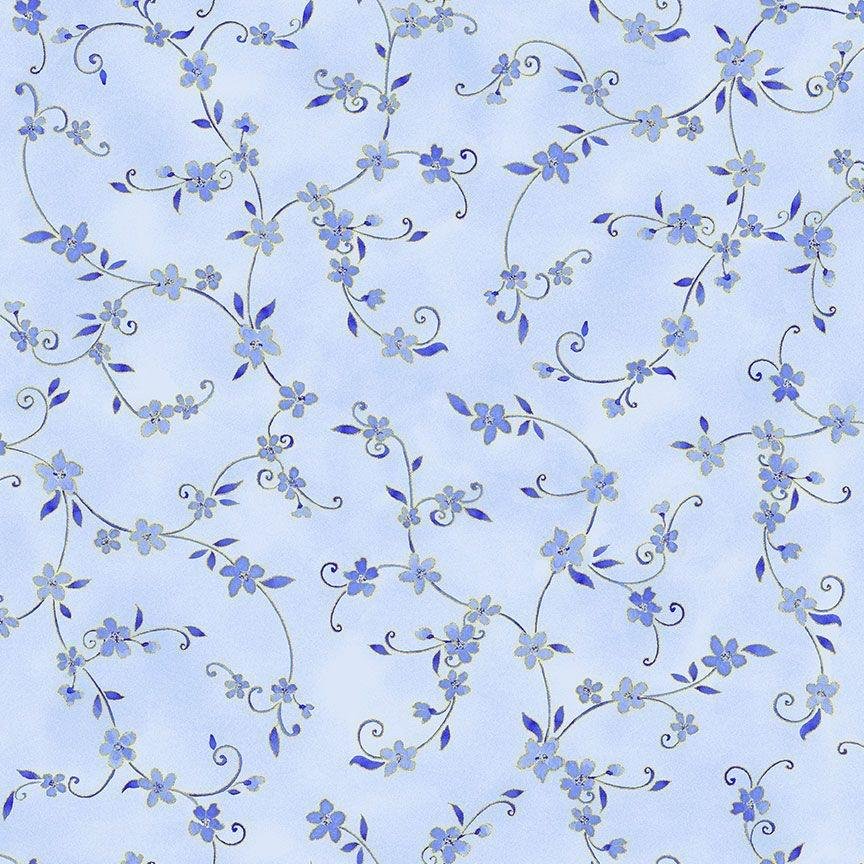 Moonlight Metallic Leaves Vines by Chong-a Hwang for Timeless Treasures LOTUS-CM3984 Sky sold by the 1/2 yd.
