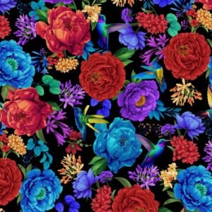 Hacienda Large Bright Floral  by Chong-a Hwang for Timeless Treasures CD 3900 Black sold by the 1/2 yd.
