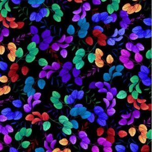 Hacienda Tossed Bright Leaves  by Chong-a Hwang for Timeless Treasures CD 3903 Black sold by the 1/2 yd.