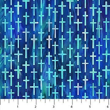 Risen Small Cross by Deborah Edwards for Northcott Fabrics DP28663-48 Blue sold by the 1/2 yard