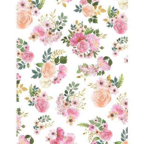 Peony Blossoms by Wilmington Prints 34712-137 Bouquet Toss White sold by the 1/2 yd.