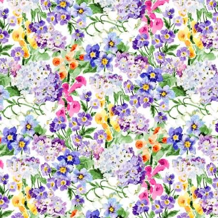 Floral Flutter by Susan Winget for Wilmington Prints 39910-176 White Packed Floral sold by the 1/2 yd.