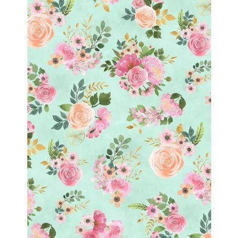Peony Blossoms Border Stripe by Wilmington Prints 34712-737 Bouquet Toss Teal sold by the 1/2 yd.