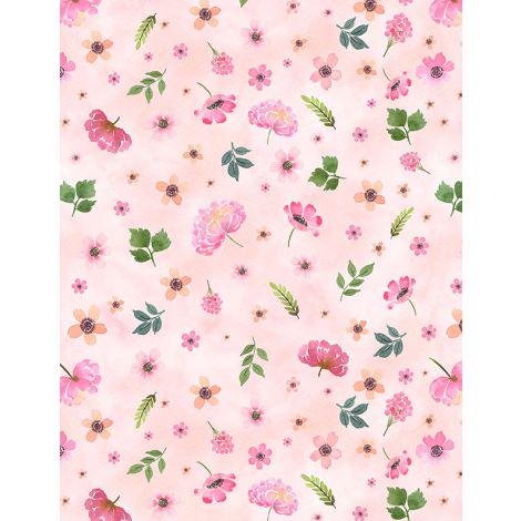Peony Blossoms by Wilmington Prints 34715-337 Tossed Flowers Pink sold by the 1/2 yd.