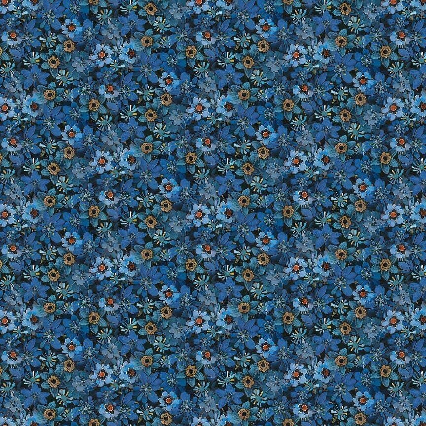 Calico Cat Tiny Packed Floral by Timeless Treasures CD4118 Blue sold by the 1/2 yd.