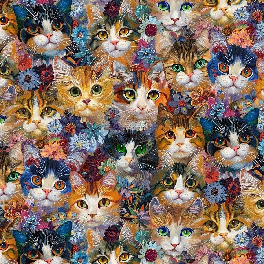 Calico Cat Packed Cats and Floral by Timeless Treasures CD4114 Natural sold by the 1/2 yd.